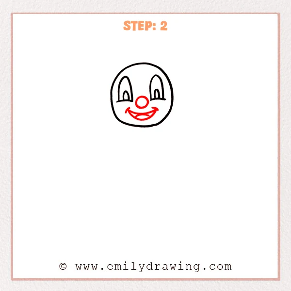 how to draw a cartoon clown - A cartoon clown face now has a round nose and a wide curved smile with an open mouth added beneath the eyes.